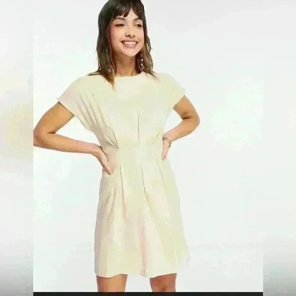 ASOS Design Nipped in Waist Mini Dress Neutral Linen Blend Size 12 - Picture 3 of 12